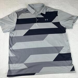 Mens Under Armour Gray Stipe Golf Polo Loose Fit Shirt White Size 3XL
